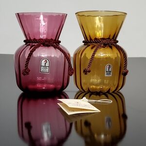 2 Pilgrim Hand-Blown 6" Optic Ribbed Cranberry & Amber Gold Sac Vases In OG Box